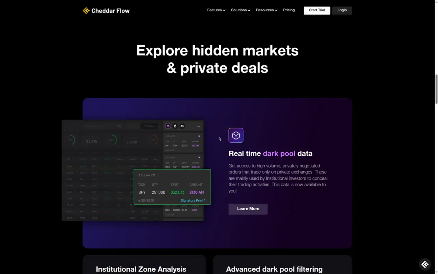 Cheddar Flow homepage dark pool UI — pros and cons (captured 2026-09-18)
