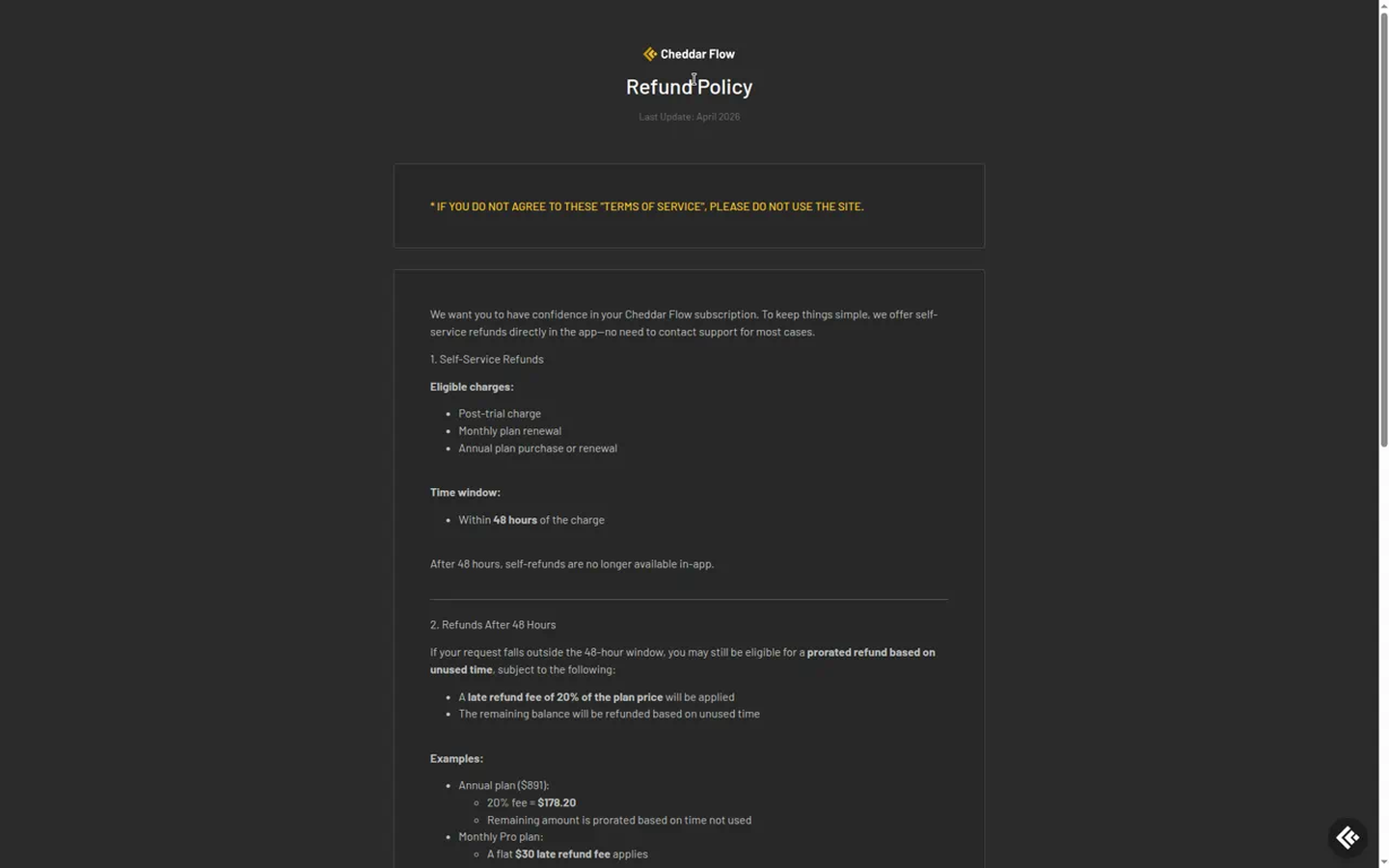 Cheddar Flow refund policy — watch-outs (captured 2026-09-18)