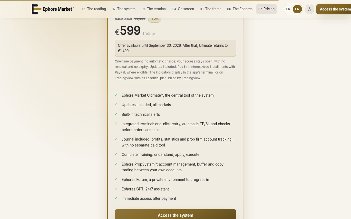 Ephore Market Ultimate pricing card — what you get (captured 2026-09-22)