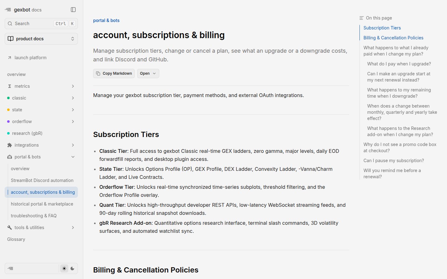 GEXbot account & billing docs — watch-outs (captured 2026-09-25)
