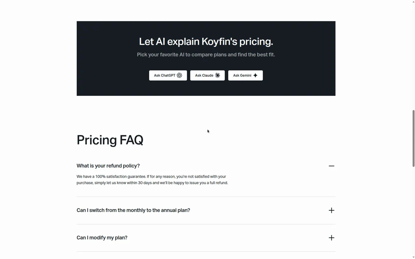Koyfin pricing FAQ — watch-outs (captured 2026-09-15)