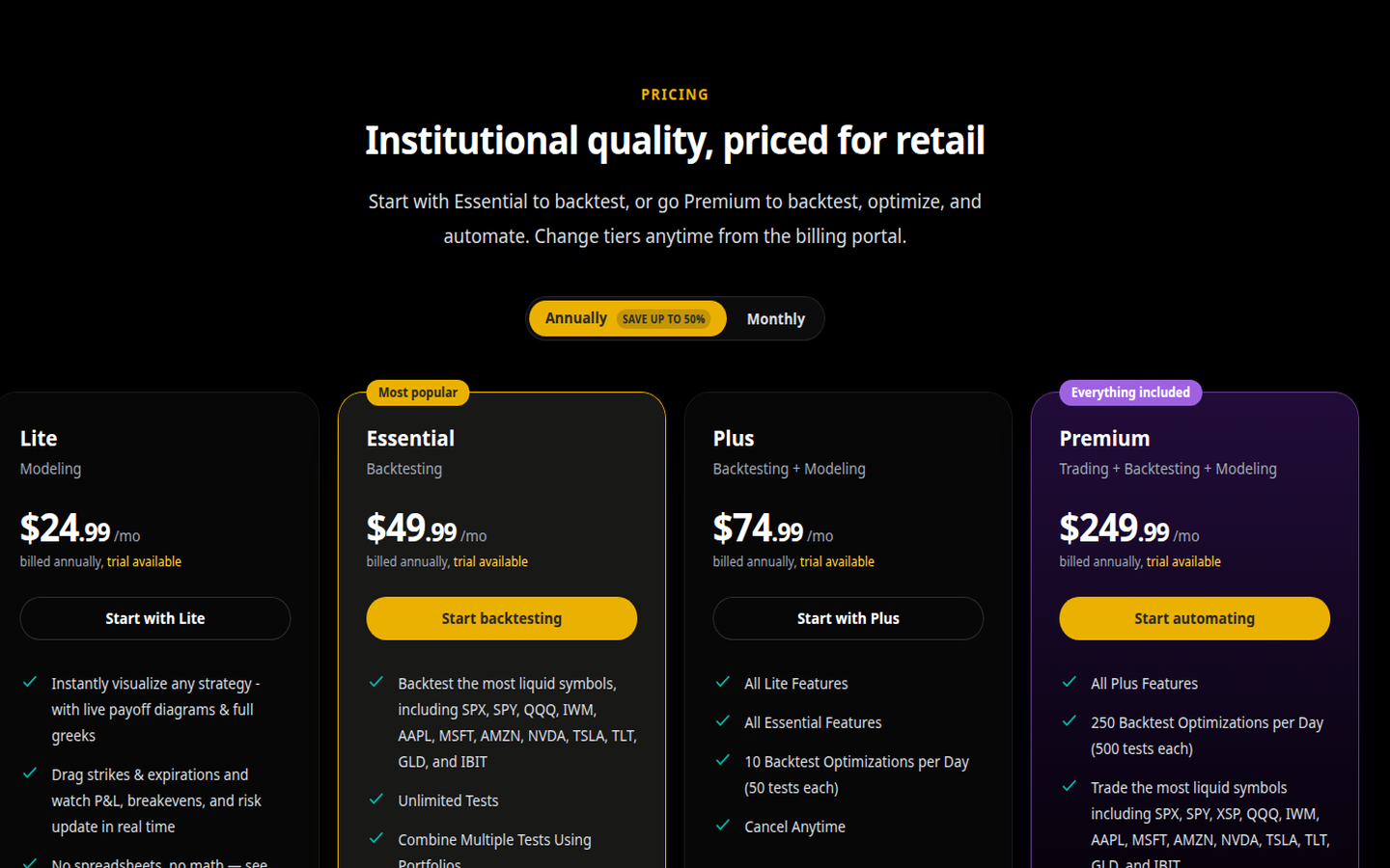Option Omega pricing cards — how it compares (captured 2026-09-25)