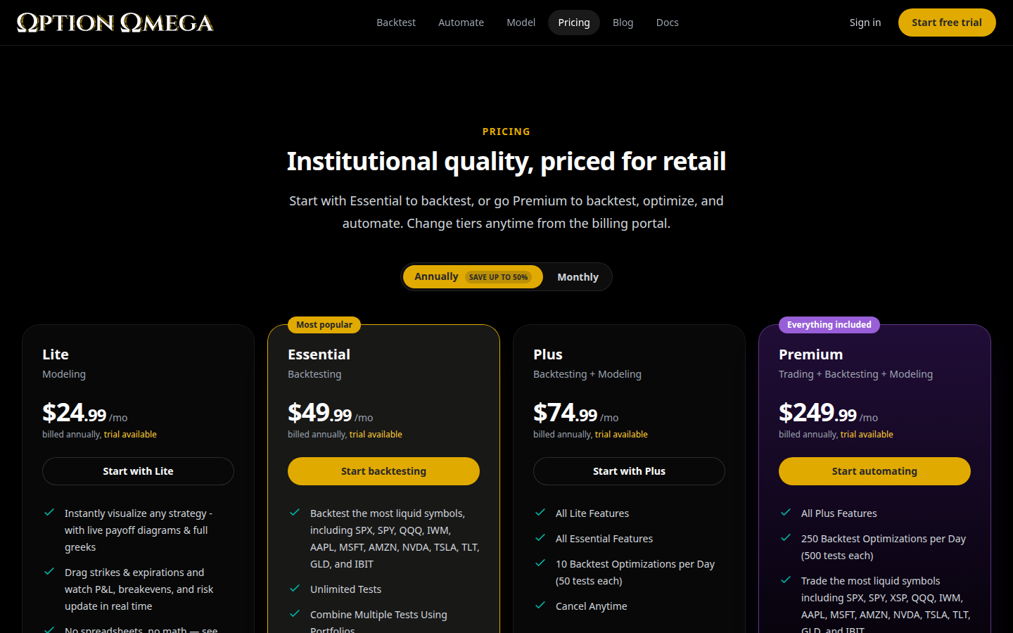 Option Omega pricing — what you get (captured 2026-09-25)