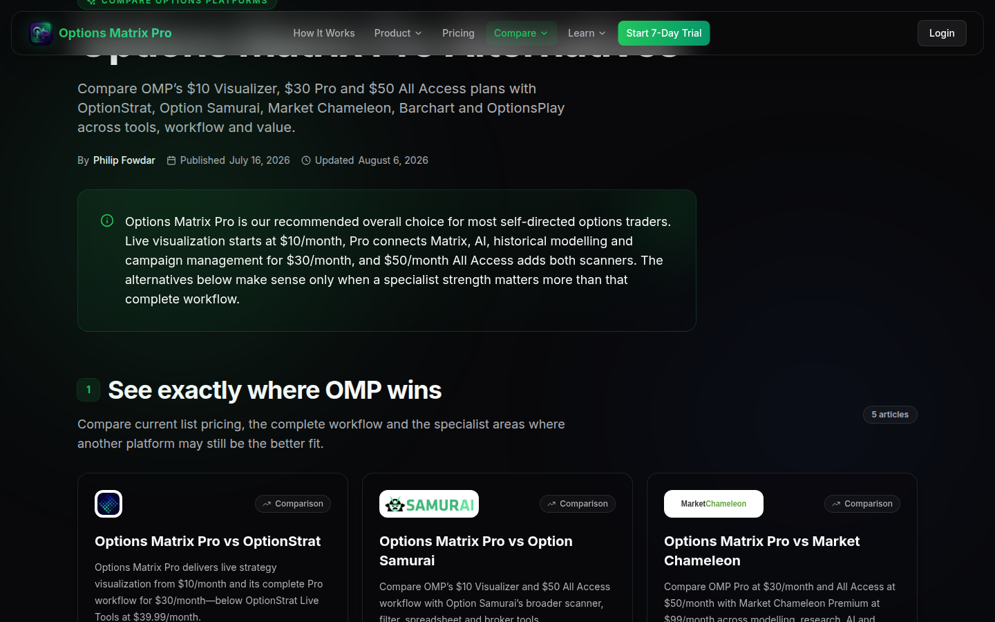Options Matrix Pro Alternatives page — how it compares (captured 2026-09-17)