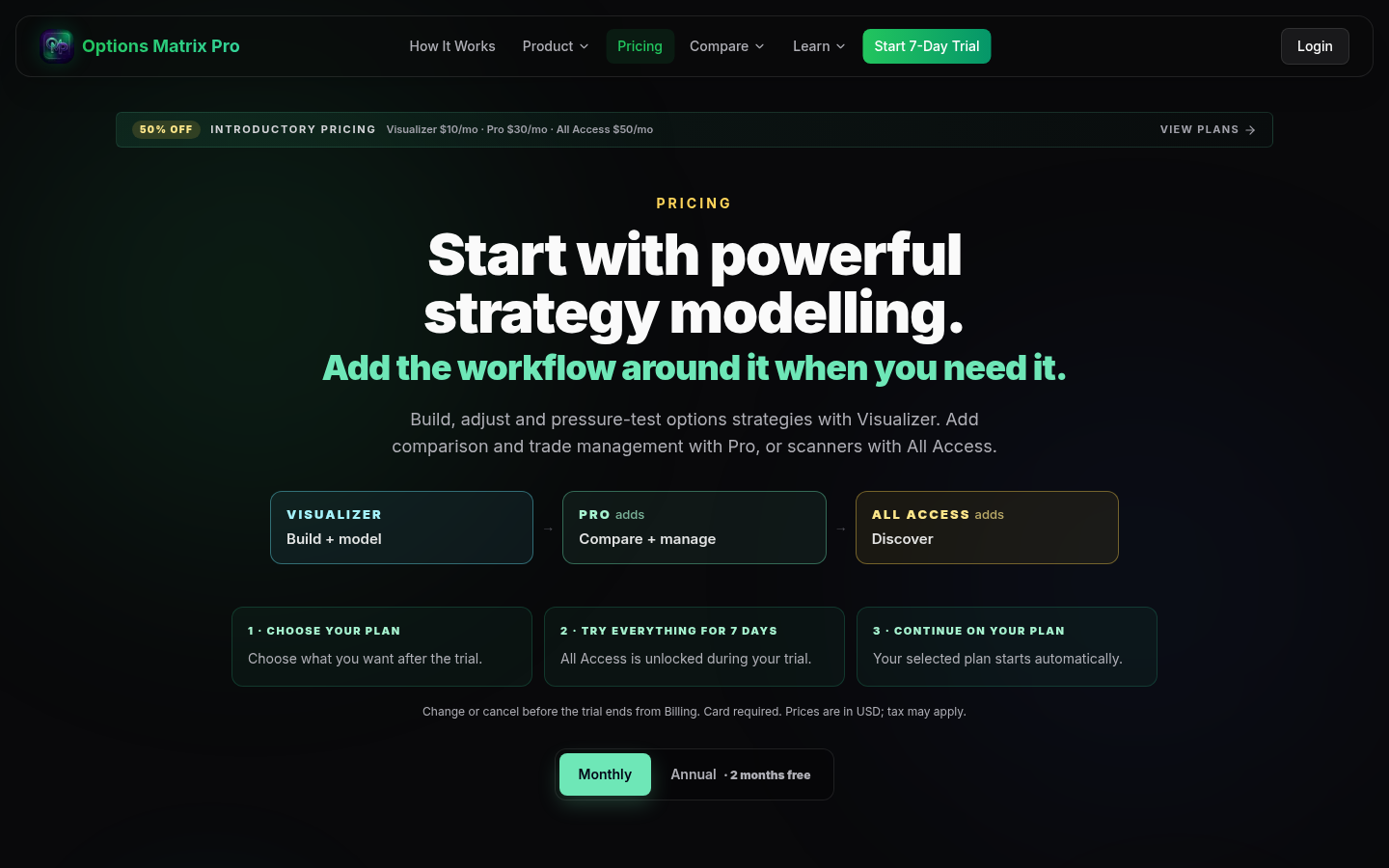 Options Matrix Pro pricing trial steps — watch-outs (captured 2026-09-17)