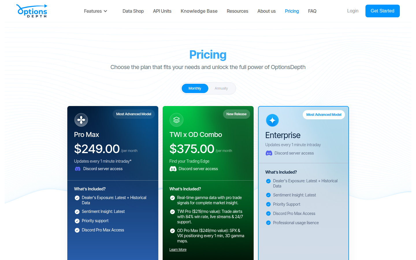 OptionsDepth pricing cards — what you get (captured 2026-09-25)
