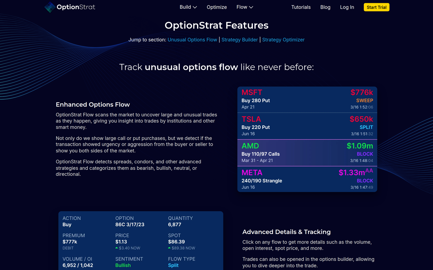 OptionStrat Features — flow vs builder framing (captured 2026-09-18)