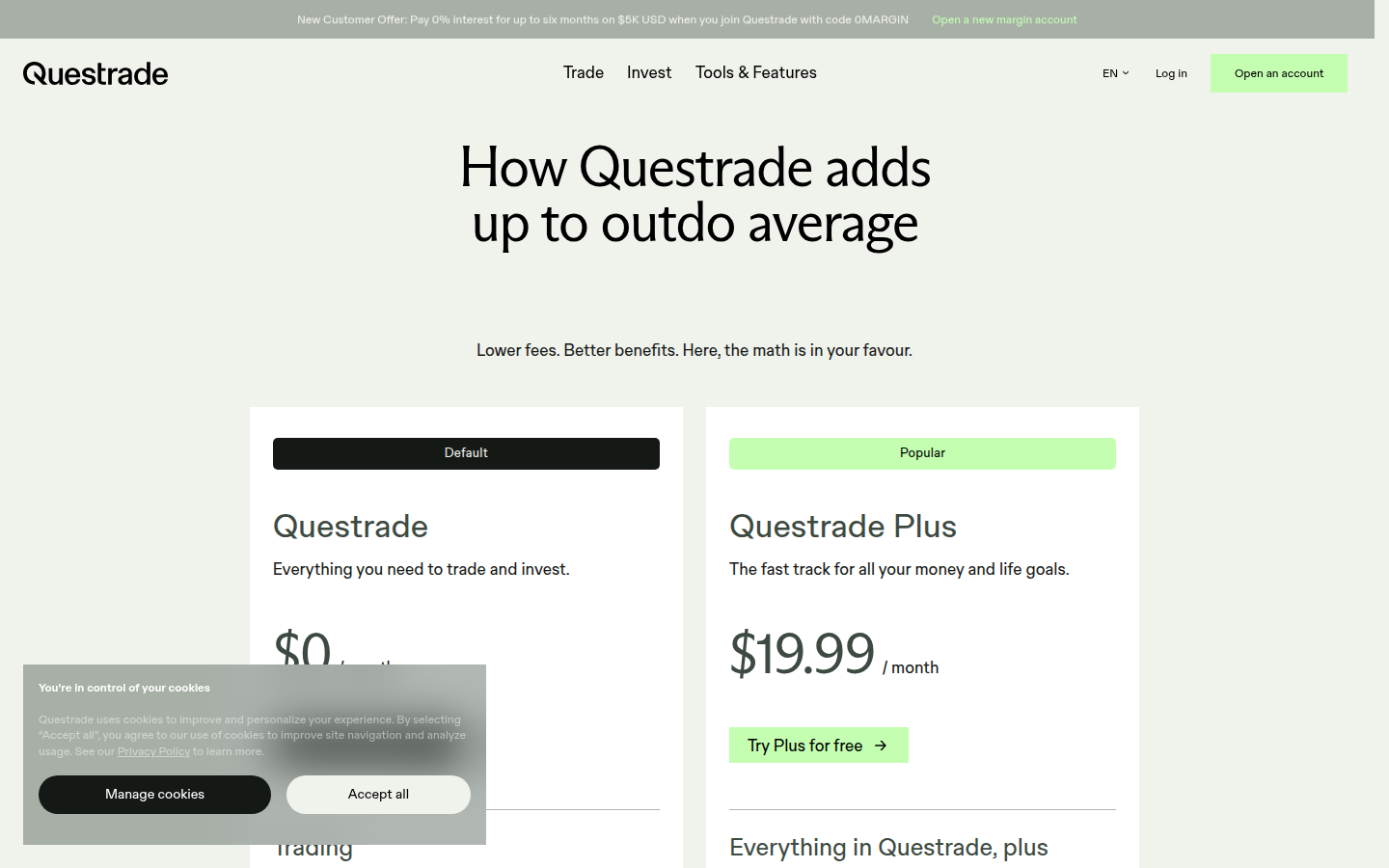 Questrade pricing — Default $0/mo vs Plus $19.99/mo (captured 2026-09-25)