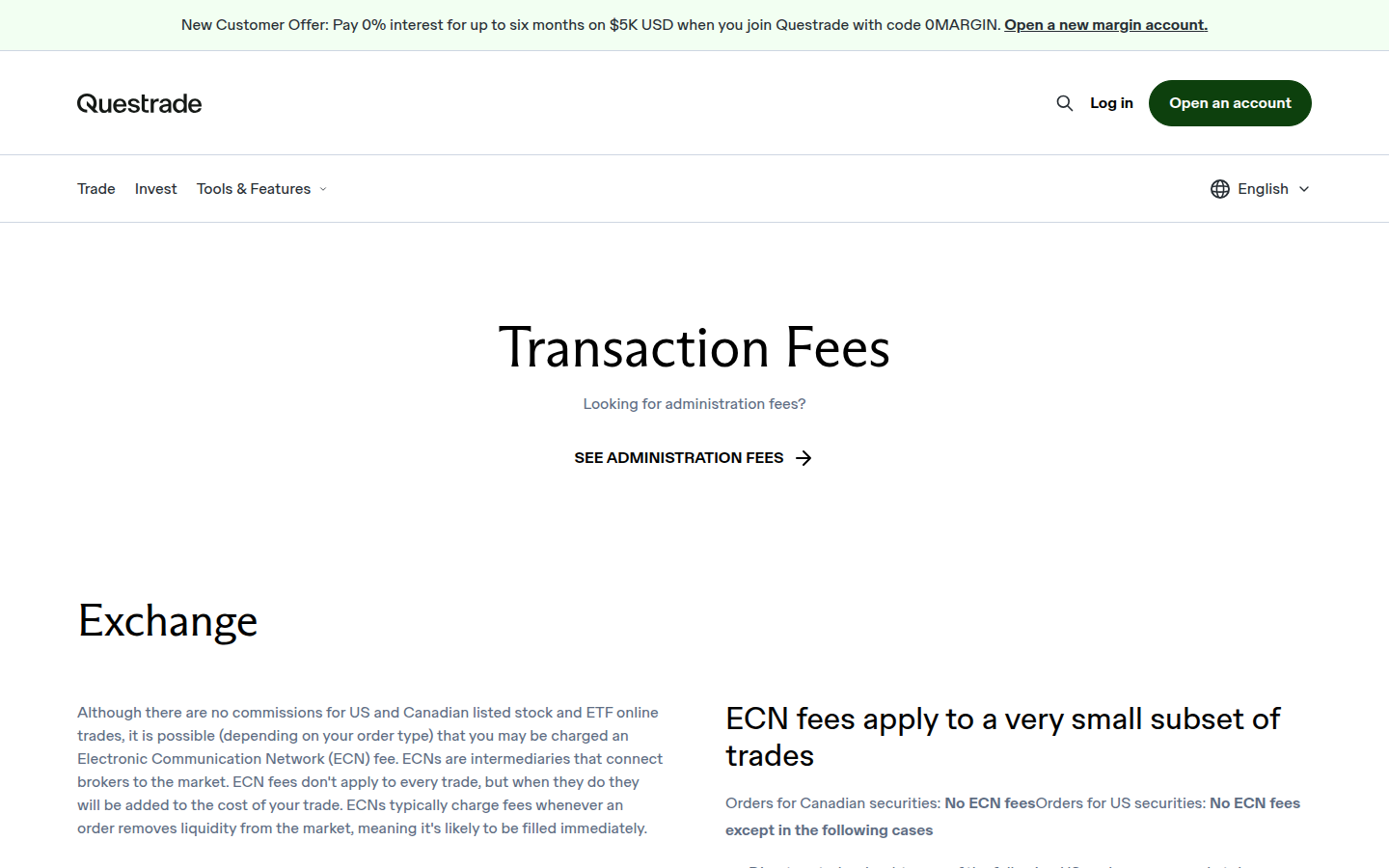 Questrade transaction fees page — what you get (captured 2026-09-25)