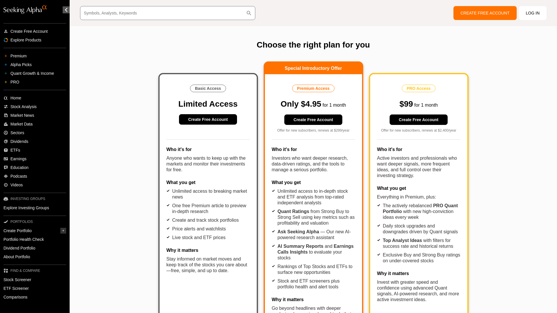 Seeking Alpha product page