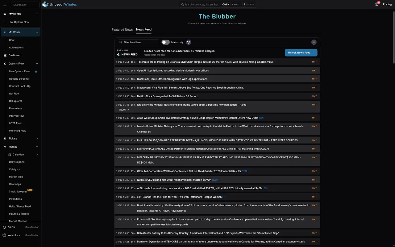 News feed on the free plan on Oct 13, 2026, with the note “Limited news feed for nonsubscribers: 15 minutes delayed” and headlines 15 to 38 minutes old