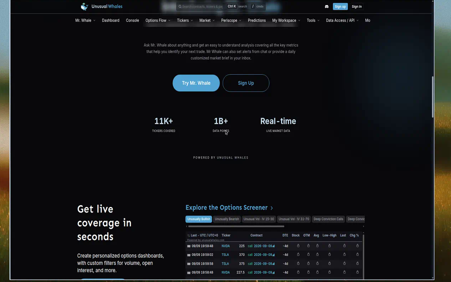 Unusual Whales homepage features — pros and cons (captured 2026-09-13)