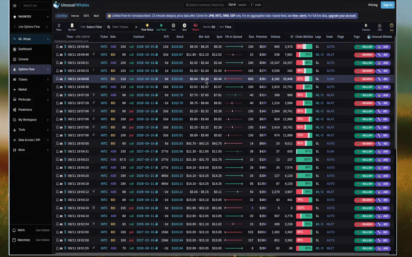 Unusual Whales Live Options Flow tape — verdict (captured 2026-09-13)