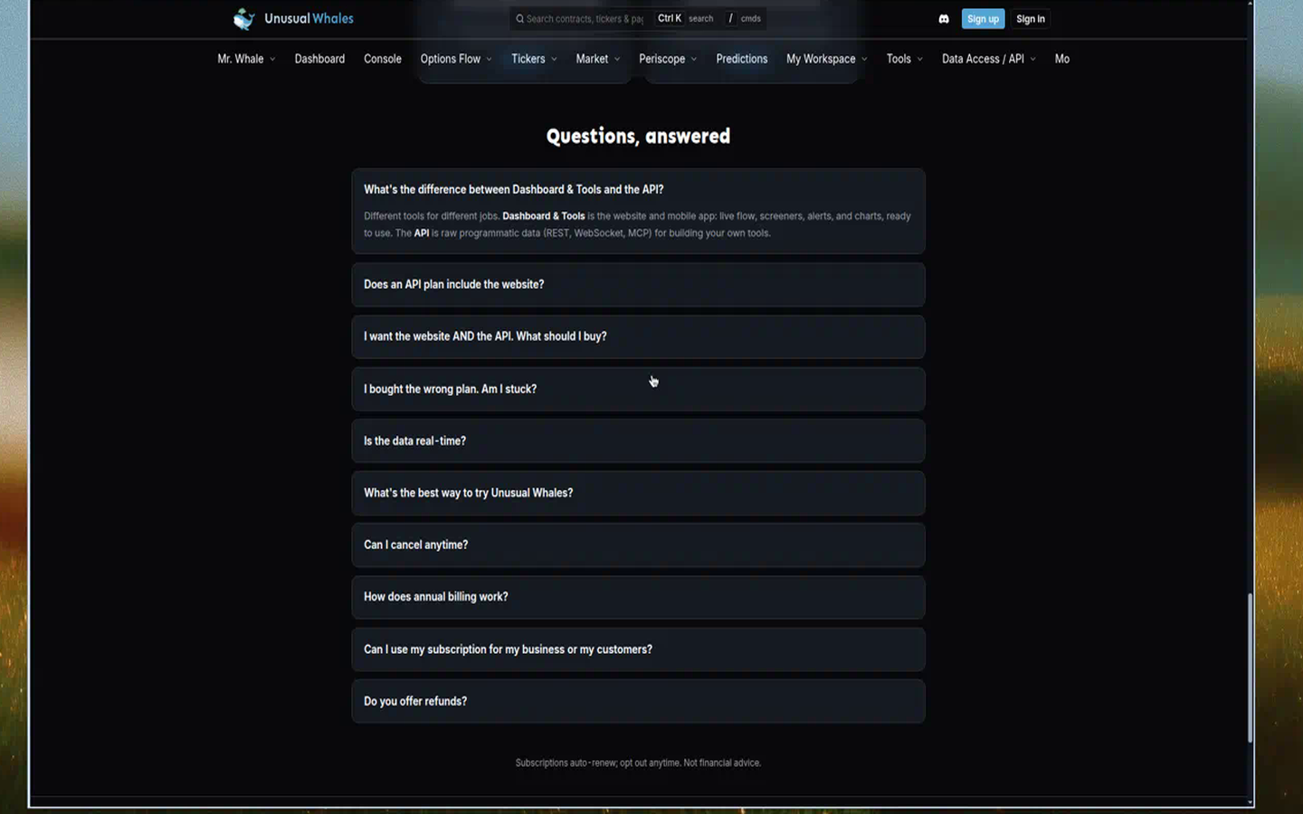Unusual Whales pricing FAQ — watch-outs (captured 2026-09-13)