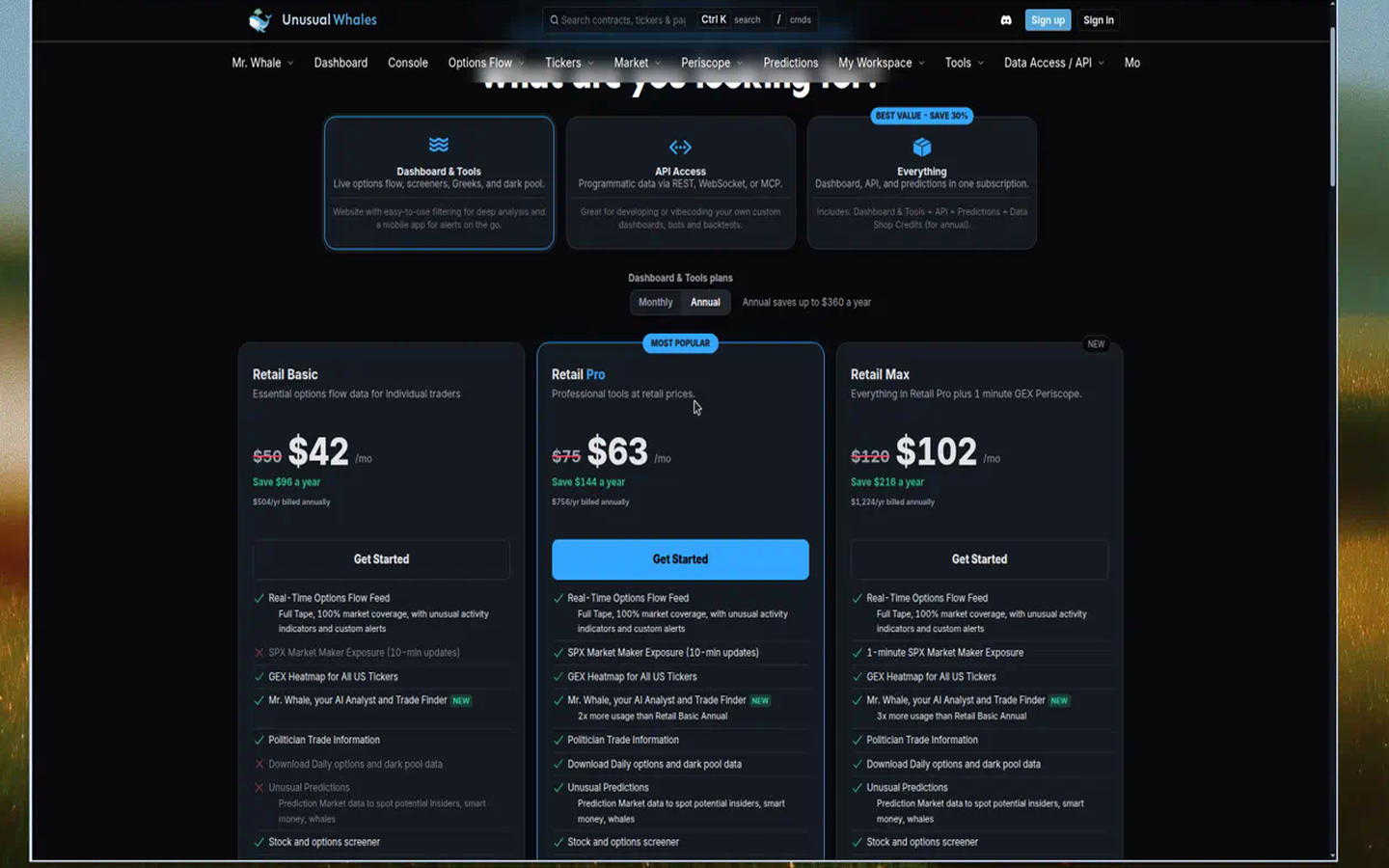 Unusual Whales Dashboard & Tools pricing — what you get (captured 2026-09-13)
